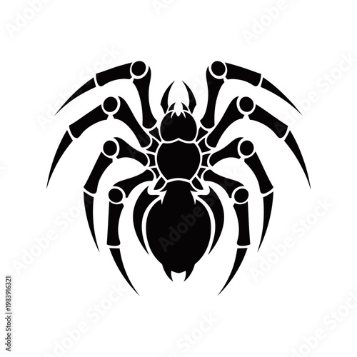 A striking black tribal style spider illustration with eight segmented legs and a stylized body on a white background, viewed from above.