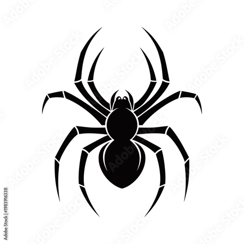 A striking black spider silhouette with eight legs and a distinct body shape on a plain white background.