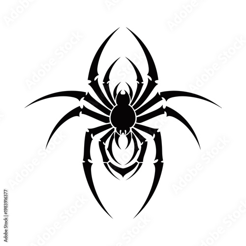 A striking black tribal spider tattoo design with intricate leg details and a central body.