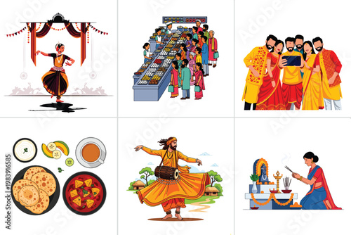 Indian Cultural Diversity Illustrations Showcasing Festivals Food Dance and Family Moments