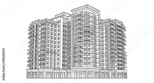 Detailed Architectural Sketch of a Tall Residential Building.