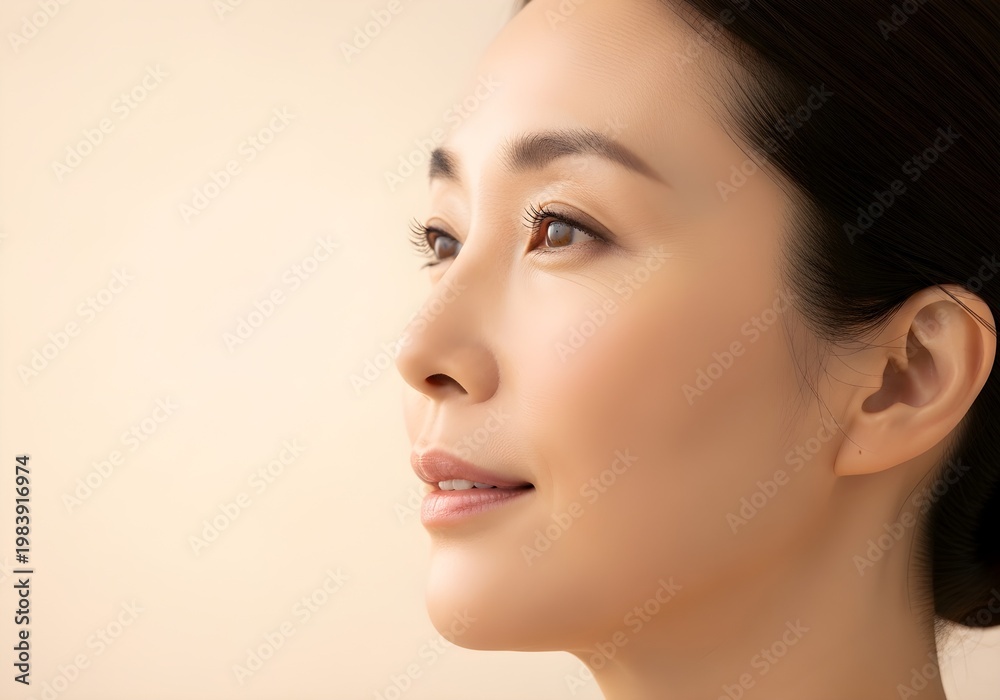 Obraz premium Close-up of a beautiful middle aged Asian woman with youthful glowing skin, representing effective anti-aging skincare.