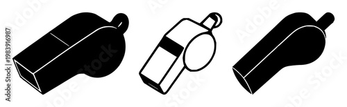 Sport whistle icon set with solid black color and white background featuring gym class, coaching, refereeing with sports equipment and training