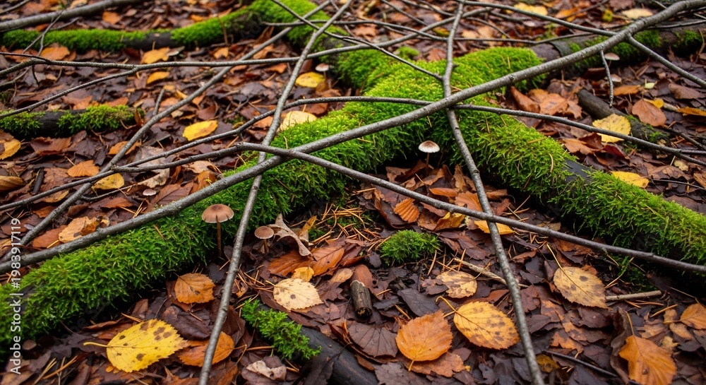 Fototapeta premium Moss Covered Fallen Tree Branches on Forest Floor in Autumn.