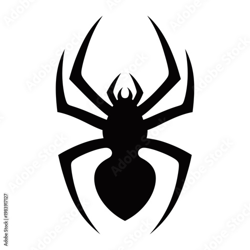 A black silhouette of a stylized spider with sharp legs and fangs on a white background.