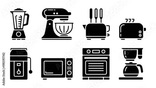 Kitchen Appliances Silhouette Vector Set Blender, Mixer, Kettle, Toaster and Oven