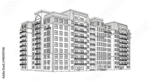 Detailed Sketch of a Large Modern Apartment Building with Balconies.