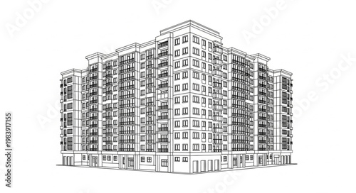 Detailed Sketch of a Large Residential Apartment Building Facade.