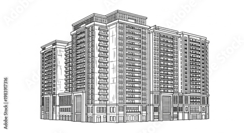 Detailed Sketch of a Modern High-Rise Apartment Building.