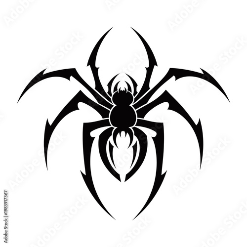 A black tribal spider tattoo design with sharp, pointed legs and a stylized body on a white background.
