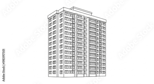 Detailed Sketch of a Tall Residential Apartment Building.