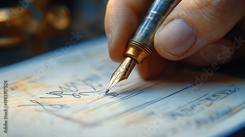 close-up of a hand holding a gold-trim fountain pen signing a document with flowing cursive signature, focused and deliberate motion