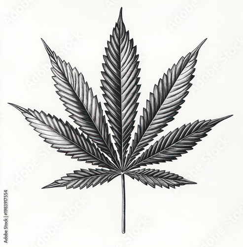 monochrome botanical illustration of a single serrated palmate cannabis leaf with seven radiating leaflets, detailed crosshatch shading and calm precise engraved appearance