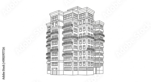 Detailed Sketch of a Tall Urban Apartment Building.