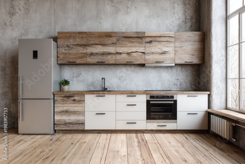 Modern kitchen with rustic wooden cabinets and concrete walls.
