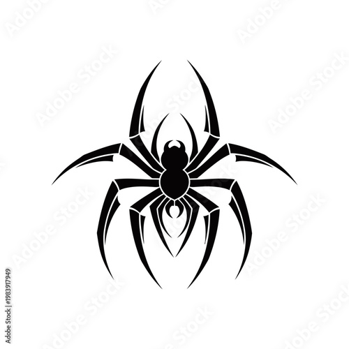 A stylized black spider graphic with sharp, angular legs and a detailed body.