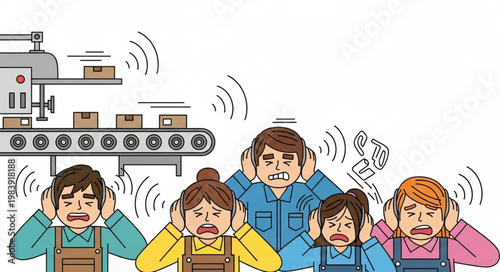 Factory workers covering ears from loud noise pollution on assembly line.