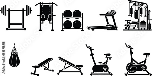 Gym equipment icons, fitness silhouette design, workout machine symbols, barbell rack graphic, treadmill illustration, punching bag emblem, exercise bike logo, training gear