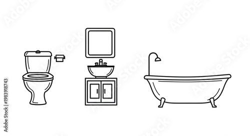 Simple Line Drawing of Bathroom Fixtures.