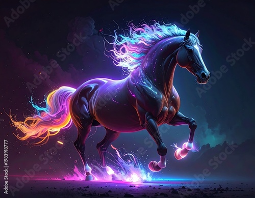 A dark horse with neon mane runs energetically