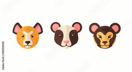 Cartoon animal heads in simple vector style on white background