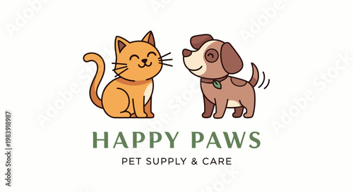 A colorful flat vector logo concept of a happy pet shop with a cat and dog