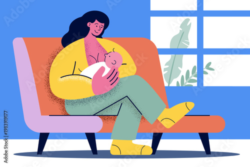 Mother breastfeeding her newborn baby on a sofa. Corporate Memphis style vector illustration art showing postnatal care, infant nutrition, and motherhood bonding.