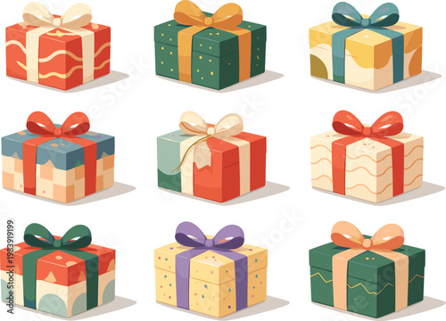 Illustration of Colorful Gift Boxes with Ribbon Bow Set Holiday Season Packaging Design Elements