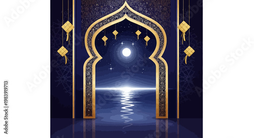 A golden archway with intricate patterns frames a serene blue seascape under a bright moon, its light reflecting on the water, creating a tranquil and magical atmosphere with ornate hanging
