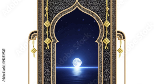 Ornate architectural archway framing a full moon illuminating a calm sea under a starry night sky, featuring geometric patterns and intricate details with a serene and mystical mood