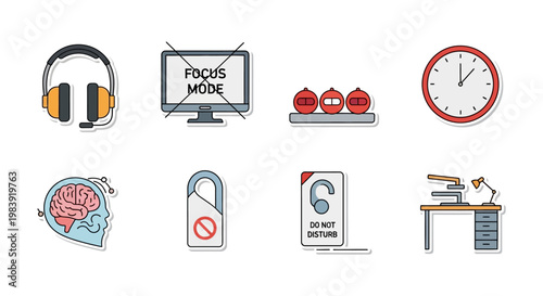 productivity and focus mode flat design icons illustrating concentration time management and do not disturb for efficient work