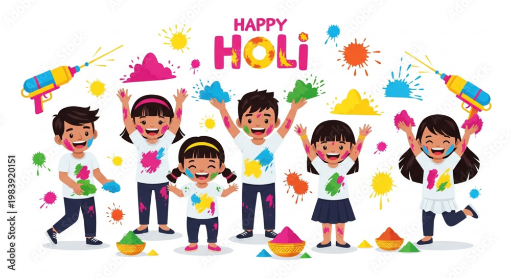 Fototapeta premium Joyful children celebrating Holi festival with colors