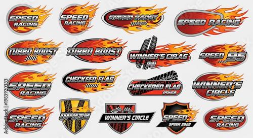 Collection of Racing Speed and Winner Circle Emblems with Flames.