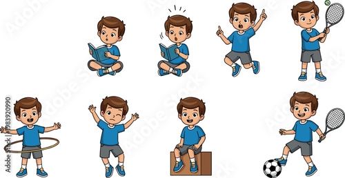 Active Boy Vector Set Featuring Sports, Reading, and Fun Activities for Children and Lifestyle Illustrations