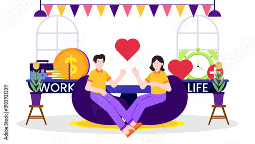 Flat design depicting employees enjoying mental health support and achieving a healthy work life balance