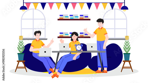 Modern professionals working together in a creative coworking space with shared desks and laptop