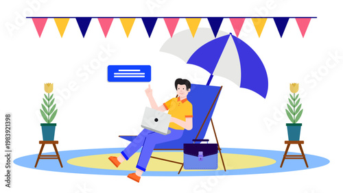 Flat vector illustration of a digital nomad professional working remotely from a sunny beach location