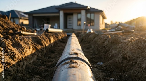 Modern residential construction site with a long pipeline installed in a deep trench, highlighting essential underground infrastructure development at sunset