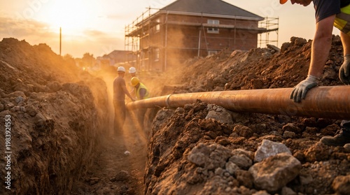 Construction workers laying pipes in a trench at sunset with houses being built in the background