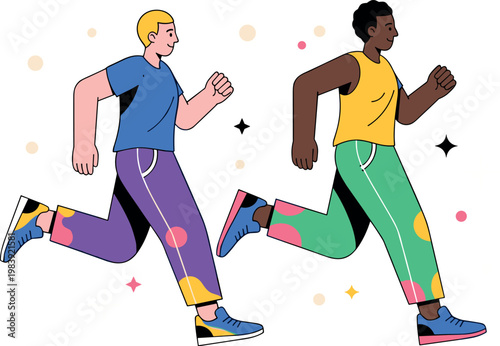 Two men running together in colorful sportswear active lifestyle fitness jogging concept modern flat vector illustration