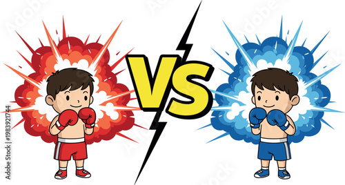 Cartoon Kids Boxing Match Vector Set Featuring Red and Blue Boxers with Dynamic "VS" Action for Sport and Competition Illustrations