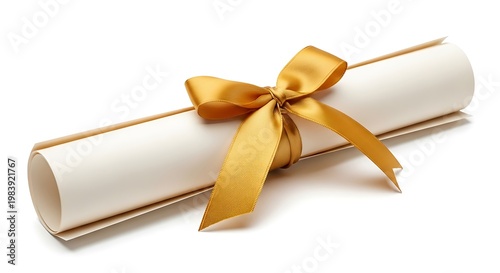 Golden rolled up scroll with red wax seal and ribbon on white background gold scroll rolled parchment