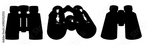 Binoculars set with black silhouette against white background featuring optics, exploration, observation with binoculars and zoom lenses
