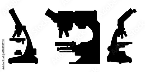 Microscope set with black silhouette on white background featuring scientific, laboratory, research with magnification and optical