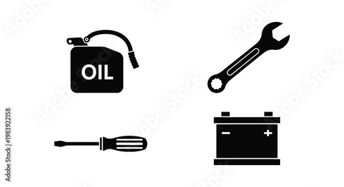 Automotive tools and fuel can depicted in a dark silhouette