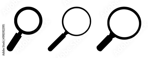Magnifying glass set with black silhouette on white background featuring search, inspection, close‑up lens with magnification and focus