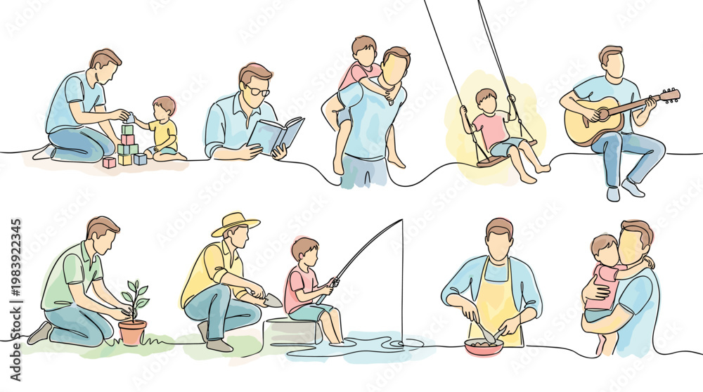 Fototapeta premium Continuous Line Art Illustration of Fathers and Children in Everyday Activities