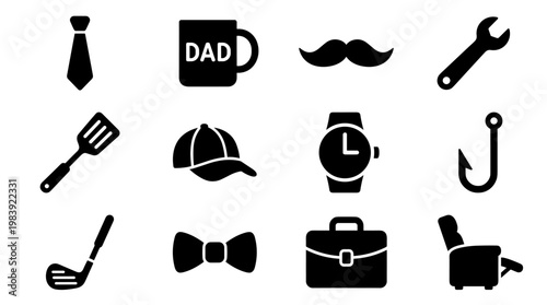 Collection of various items representing men's interests hobbies and accessories