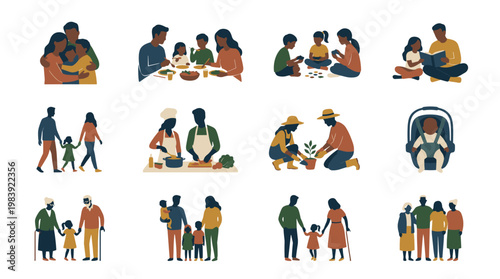 Diverse Family Moments: Togetherness Care and Everyday Activities Flat Illustration Set