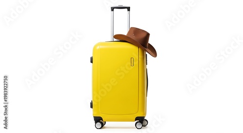 Yellow wheeled suitcase with brown leather handle and wheels on white background yellow suitcase wheeled luggage